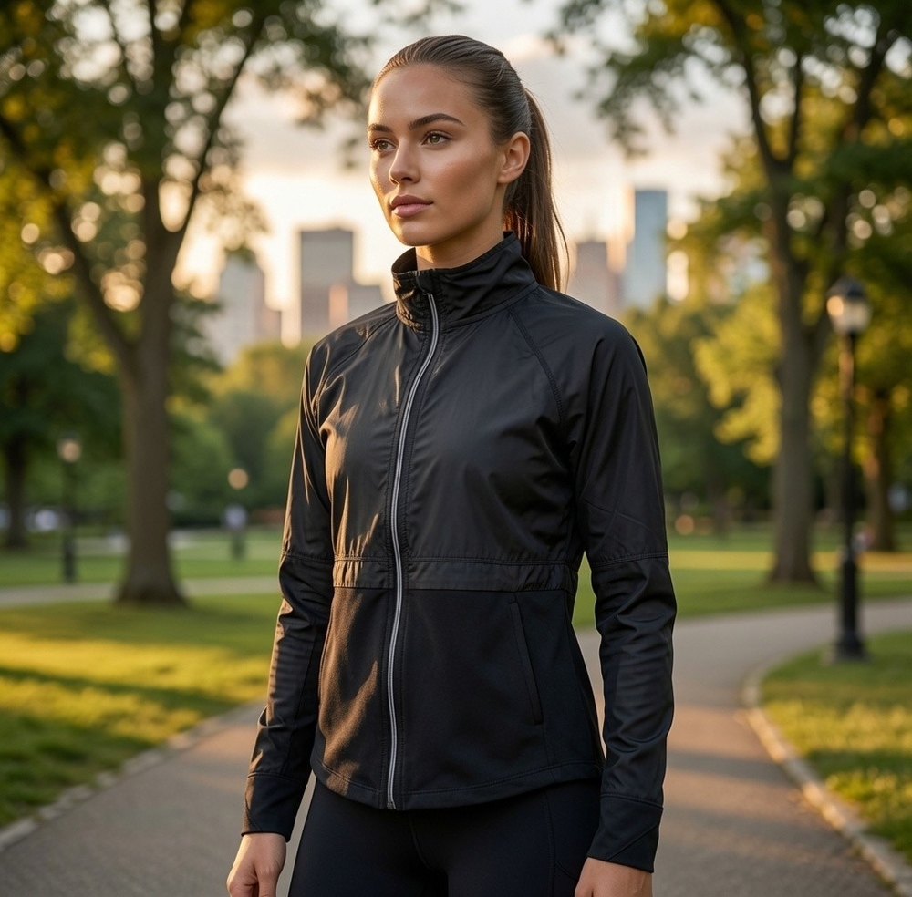 Avia Women's Black Hooded Windbreaker M Zip Front Long Sleeve Good Condition